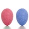 Blue and pink painted eggs, standing upright, on white background with shadow. Gender studies etc.