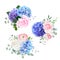 Blue, pink and purple hydrangea, orchid, rose, white chrysanthem