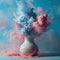 a blue and pink smoke in a vase