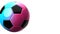 Blue and pink soccer ball on white text space.