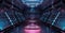 Blue and pink spaceship interior with projector. Futuristic corridor in space station with glowing neon lights background. 3d