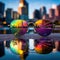 Blue and plain background glasses with reflections in urban and rainbow object glass mirrors