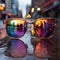 Blue and plain background glasses with reflections in urban and rainbow object glass mirrors