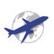 Blue plane flying with grey globe background pictogram