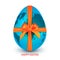 Blue planet earth in shape of Easter egg tied with orange ribbon with a bow isolated on a white background with a greeting Happy