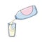 Blue plastic bottle with a drink, pour milk into a glass vessel, copy space, vector cartoon