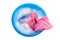 Blue plastic bowl with soap water and foam and a pink cleaning c