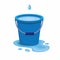 Blue plastic bucket filled water from trickle leaking water spilled on the floor, liquid container with handle isolated with white