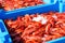 Blue plastic containers, catch of sea Royal shrimp