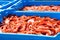 Blue plastic containers, catch of sea Royal shrimp