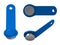 Blue plastic magnetic key with metal tablet, top view, bottom and side view