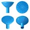 Blue plastic nozzle on watering can for watering and splashing water, top view, side view, bottom view and general view