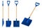 Blue plastic snow shovel with wooden handle, vector illustration