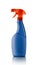 Blue plastic spray bottle with orange handle for household chemicals isolated on white background. Descaling or rust stain remover