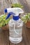 Blue plastic spray bottle with poted plants on wooden background