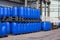 Blue Plastic Storage Drums containers for liquids in Chemical Plant