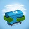 Blue plastic trash recycling container ecology concept