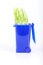 Blue plastic trash recycling container ecology, green wheat