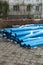 Blue Plumbing pipes. Plastic polypropylene pipe. Sanitary, sewer drainage system for a multi-story building. Civil infrastructure