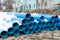 Blue Plumbing pipes. Plastic polypropylene pipe. Sanitary, sewer drainage system for a multi-story building. Civil infrastructure