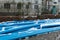 Blue Plumbing pipes. Plastic polypropylene pipe. Sanitary, sewer drainage system for a multi-story building. Civil infrastructure