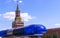 Blue police siren against the background of the Kremlin in Moscow. Police flasher on the background of the Spasskaya Tower of the