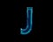 Blue polished neon light glow glassy crystal font - letter J isolated on black dark, 3D illustration of symbols