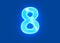 Blue polished neon light reflective crystal font - number 8 isolated on dark blue, 3D illustration of symbols