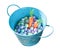Blue polka dot bucket filled with mini candy eggs and small carr