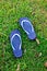 The blue polka dot sandal on the grass