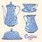 Blue porcelain service with twisted ornament, coffee pot, sugar bowl, cup and saucer, creamer, hand drawn doodle, simple sketch