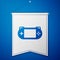 Blue Portable video game console icon isolated on blue background. Gamepad sign. Gaming concept. White pennant template