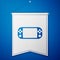Blue Portable video game console icon isolated on blue background. Gamepad sign. Gaming concept. White pennant template