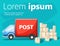 Blue postal car with parcels box illustration isolated on turquoise background with place for your text website page and mo