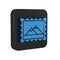 Blue Postal stamp and Mountains icon isolated on transparent background. Black square button.