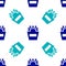 Blue Potatoes french fries in carton package box icon isolated seamless pattern on white background. Fast food menu