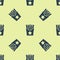 Blue Potatoes french fries in carton package box icon isolated seamless pattern on yellow background. Fast food menu