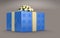 Blue Present or gift box with bow over grey