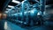 Blue pumps, shiny stainless metal pipes, and valves. Large industrial boiler room and water treatment facility