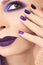 Blue purple fashion multicolored manicure and makeup .