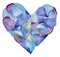 Blue and purple petals in shape of heart. Watercolor illustration.