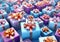 Blue and purple surprise gift boxes on festive background.Macro.AI Generative