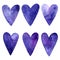 Blue and purple watercolour hearts set on white background