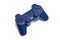 A blue purple wireless video game joystick console controller