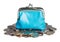 Blue purse and coins isolated