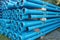 Blue PVC plastic pipes and fittings used for underground water supply and sewer lines