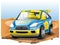 Blue Race Car on Desert background. In Cartoon Style.