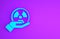 Blue Radioactive in hand icon isolated on purple background. Radioactive toxic symbol. Radiation Hazard sign. Minimalism