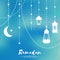 Blue Ramadan Kareem celebration greeting card. Hanging arabic lamp,