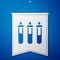 Blue Reagent bottle for physics and chemistry icon isolated on blue background. White pennant template. Vector